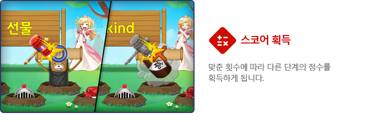 스코어 획득. 맞춘 횟수에 따라 다른 단계의 점수를 획득하게 됩니다. 