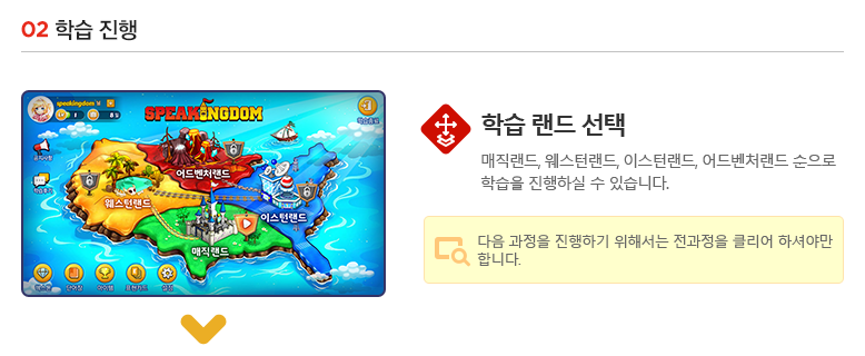 학습진행, 첫번째 학습 랜드 선택, 매직랜드, 웨스턴랜드, 이스턴랜드, 어드벤처랜드 순으로 학습을 진행하실 수 있습니다.